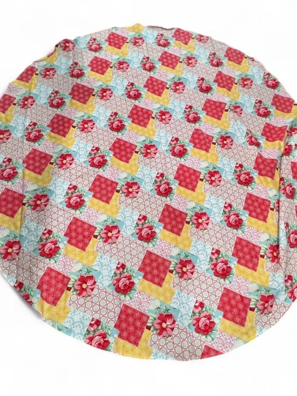 Floral Patchwork Round Tablecloth in Red, Yellow & Aqua